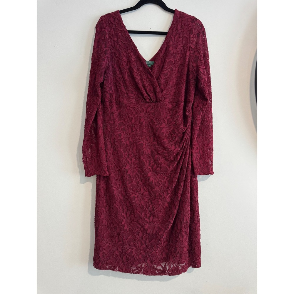 Holiday Lauren Ralph Lauren Lace Sheath Dress Womens 18 Burgundy Ruched V-Neck